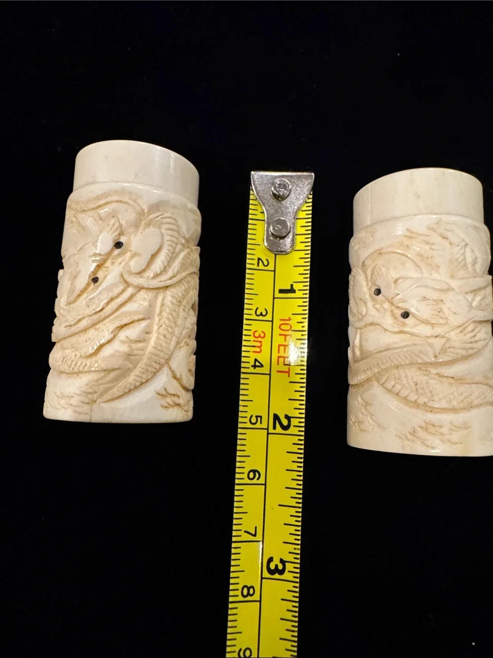 Vintage Set of Carved Faux Ivory (Bone?) Dragon Salt and Pepper Shakers AS-IS